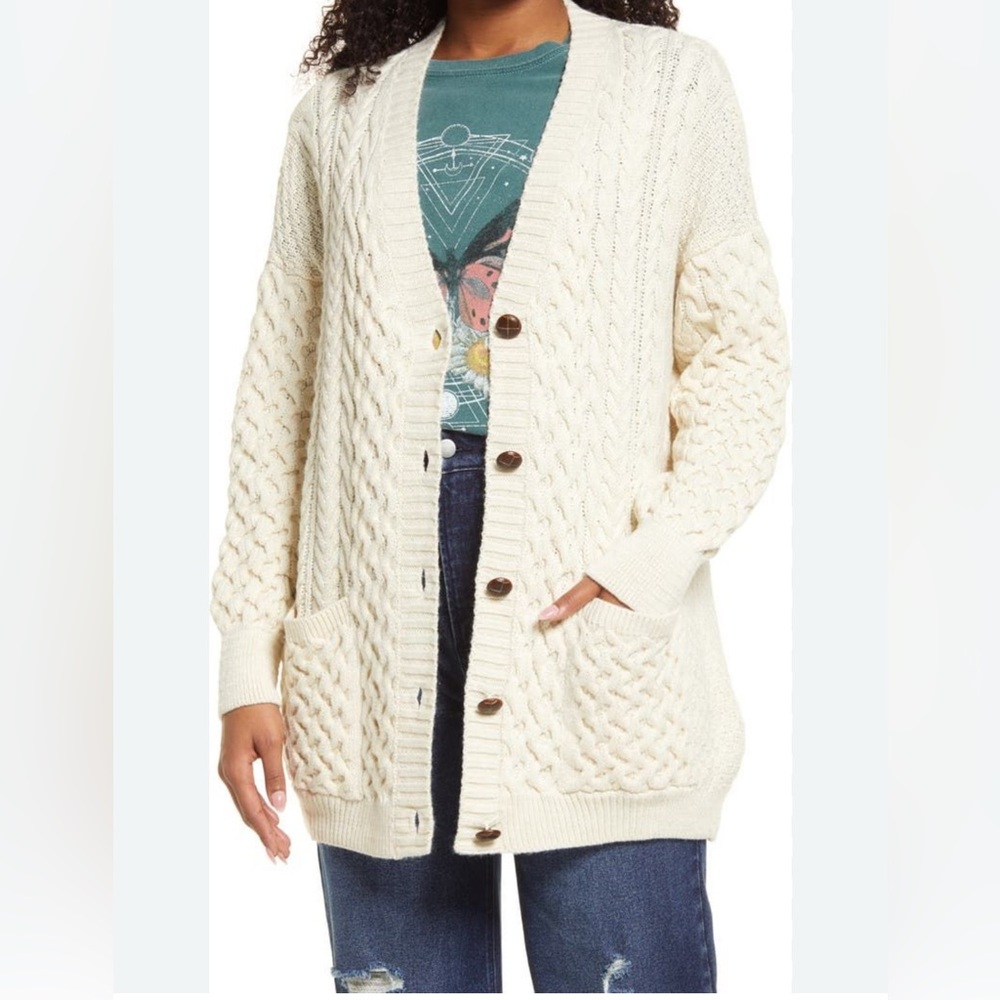 Anthropologie BDG Cream Oversized Slouchy Fisherman Knit Cardigan Sweater XS